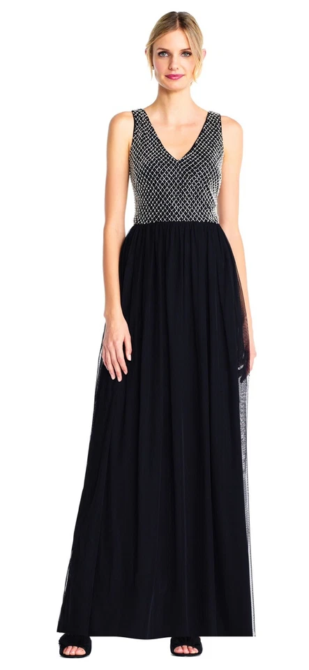 Maxi Vestido BHLDN Adrianna Papell Bryce Tul Talla 6 S M Cuentas Perla Azul Marino Nuevo Foto 4 de 4