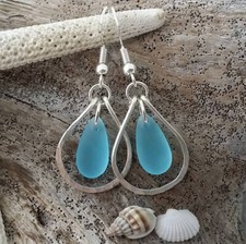 Hawaiian Jewelry Sea Glass Earrings, Hammered Wire Loop Turquoise Earrings Blue