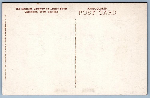 1920-30s CHARLESTON SC SIMONTON GATEWAY LEGARE ST HANDCOLORED ALBERTYPE POSTCARD - Picture 2 of 2