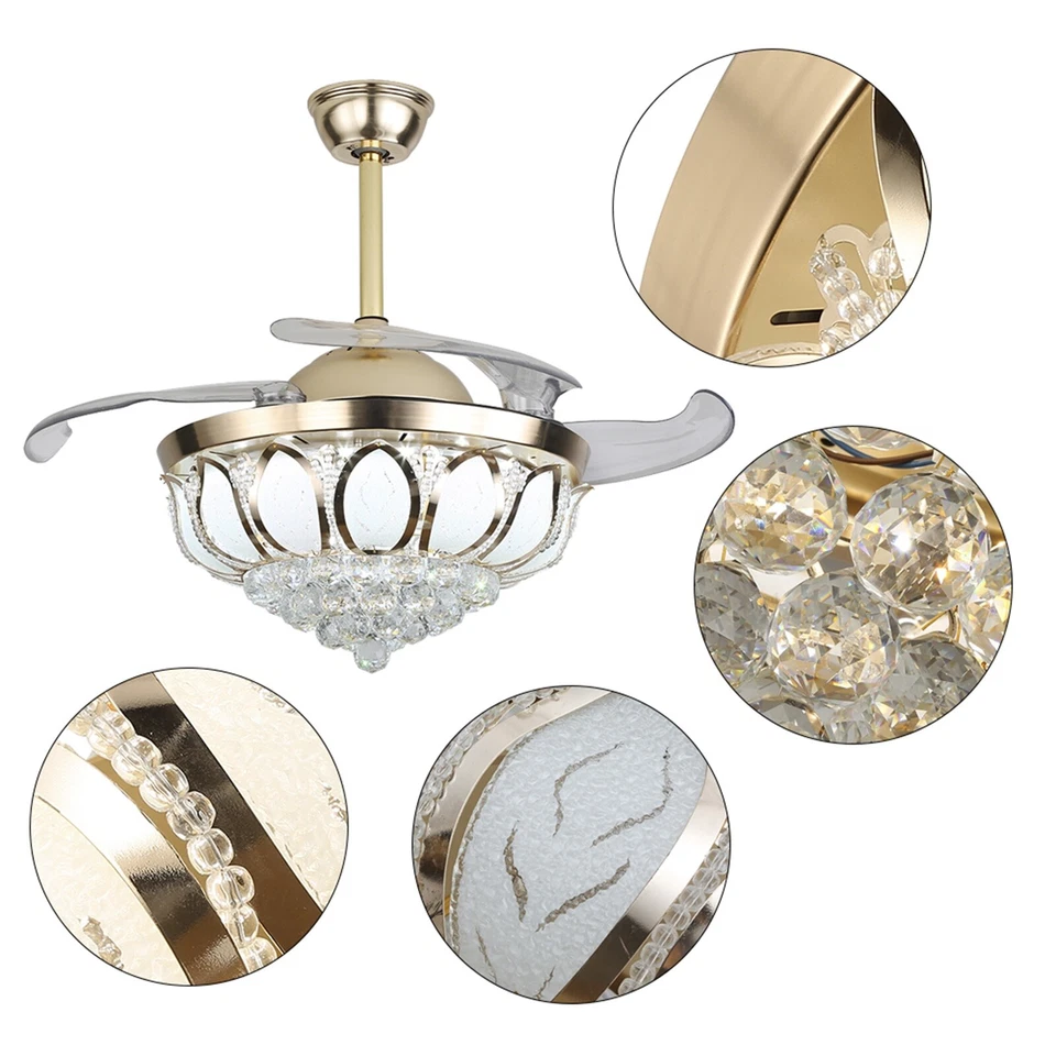 2-in-1 42" Crystal Invisible Ceiling Fan Light LED Chandelier Fan Lamp Remote US - Image 3 of 4