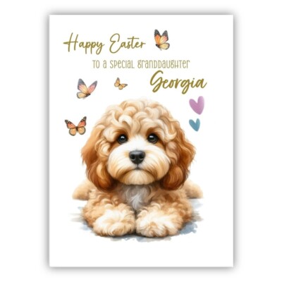 Personalisierte Cockapoo Osterkarte. Hundeliebhaber Osterkarte. Frohe Ostern Karte.