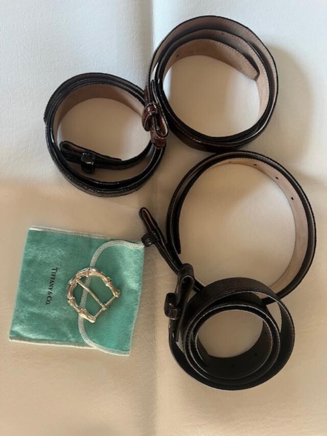 TIFFANY & CO. STERLING SILVER BAMBOO BELT BUCKLE, 4 LEATHER BELT BUNDLE