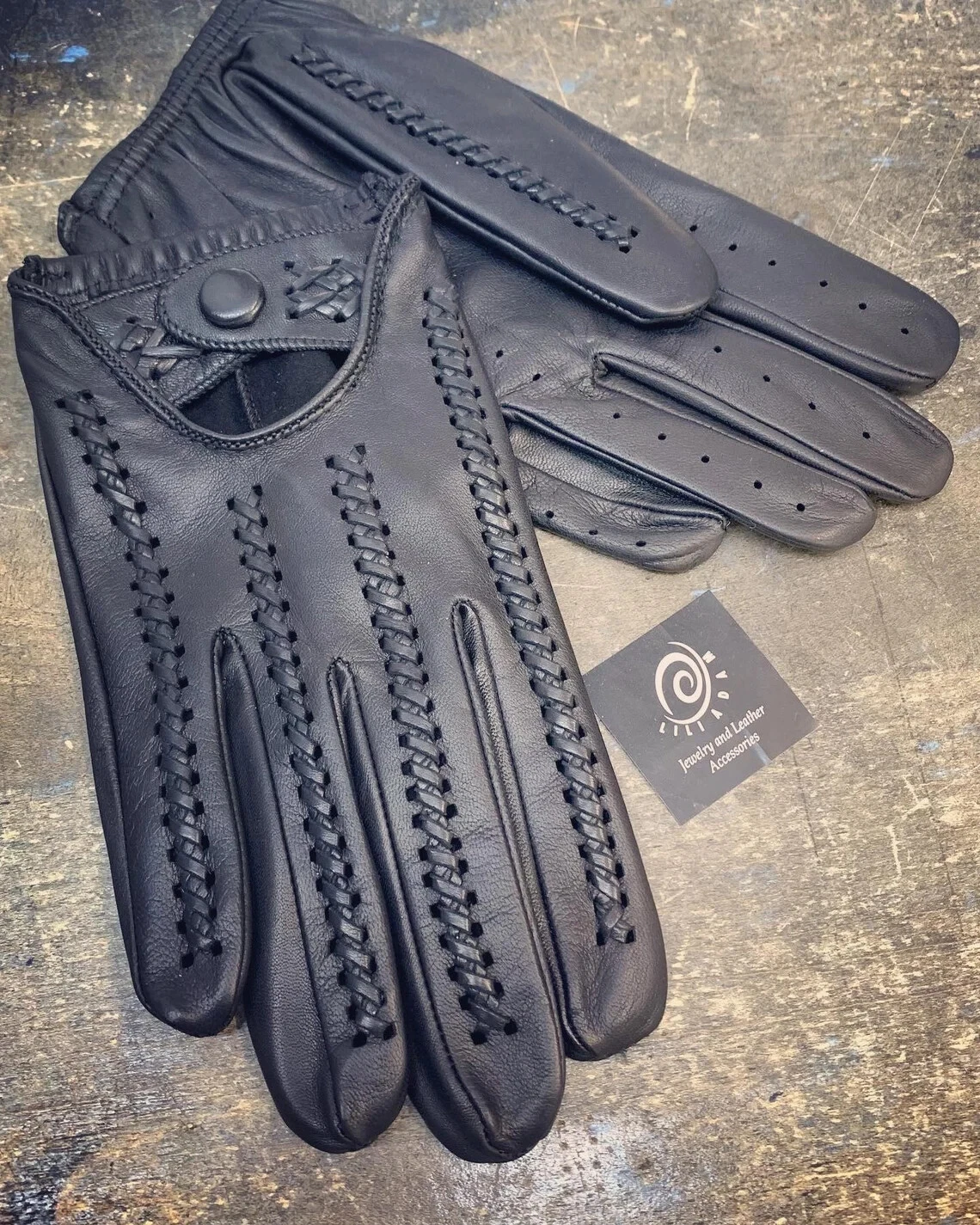 Handmade Knitted Black Leather Gloves for Women