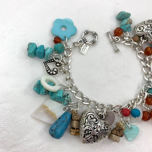 Fashion Charm Bracelet Silver Tone Hearts Turquoise Color Stones Glass Beads MOP - Picture 2 of 6