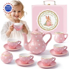 TUZT Tea Party Set for Little Girls 3 8 Pink Heart Porcelain Tea Set Gold Trim