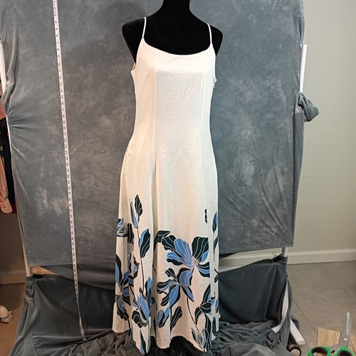 Rachel Zoe White Blue Floral Linen Blend Maxi Dress Spaghetti Strap Size 8 NEW