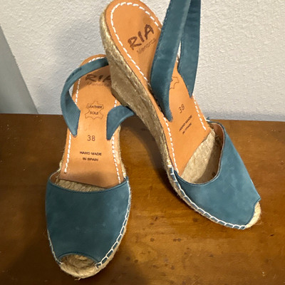 RIA Menorca Teal Suede Espadrille Slingback Wedge Sandals EU 38 Spain (US 7.5)