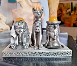 Vintage Ancient Egypt Metal Cruet Set Tutankhamun Cleopatra & Bastet on Tray