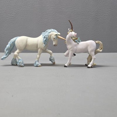 Papo Unicorn Figures Lot 2 Blue Mane Gold Horn 2002 & 2011 White Fantasy Horse