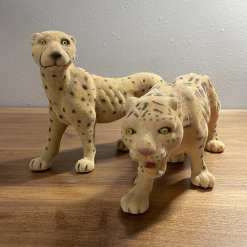 Vintage Flocked Cheetah Male Female Fur Hard Plastic Figurine fuzzy
