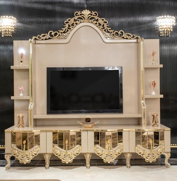 Luxus Wohnwand Tv StäNder Rtv Lowboard Holz Wohnzimmer Beige MöBel Sideboard-image