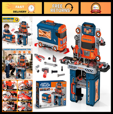 65 Pcs Kids Tool Set - 2-in-1 Toolbox & Workbench with Electric Drill & Miter Sa