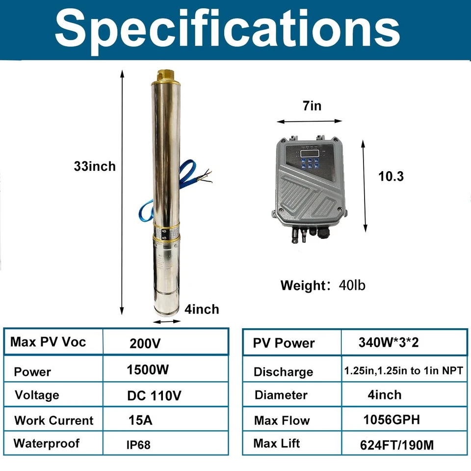Bomba Solar 4" Bomba Sumergible DC 110V 1500W Diámetro Bomba de Pozo Profundo + Controlador MPPT Foto 3 de 4