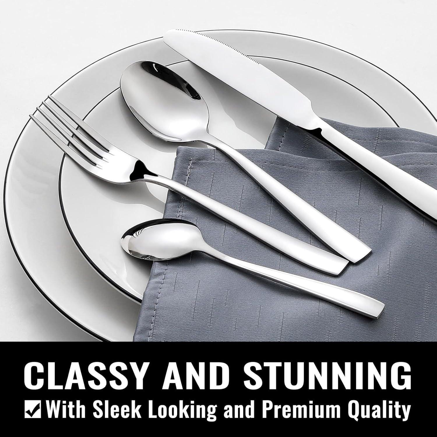48-Piece Silverware Set with Steak Knives for 8, 18/8 Stainless Steel Flatware C