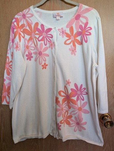 Quacker Factory Whimsical Floral Print Rhinestone Cotton Cardigan Sz 1X Fairy - Picture 1 of 7