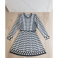 Eliza J Dress Womens PM Blue Ivory Black Geo Stripe Long Sleeve Sweater Fit