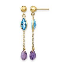 14k Yellow Gold Polished 35x5mm Amethyst and Blue Topaz Dangle Post Earrings