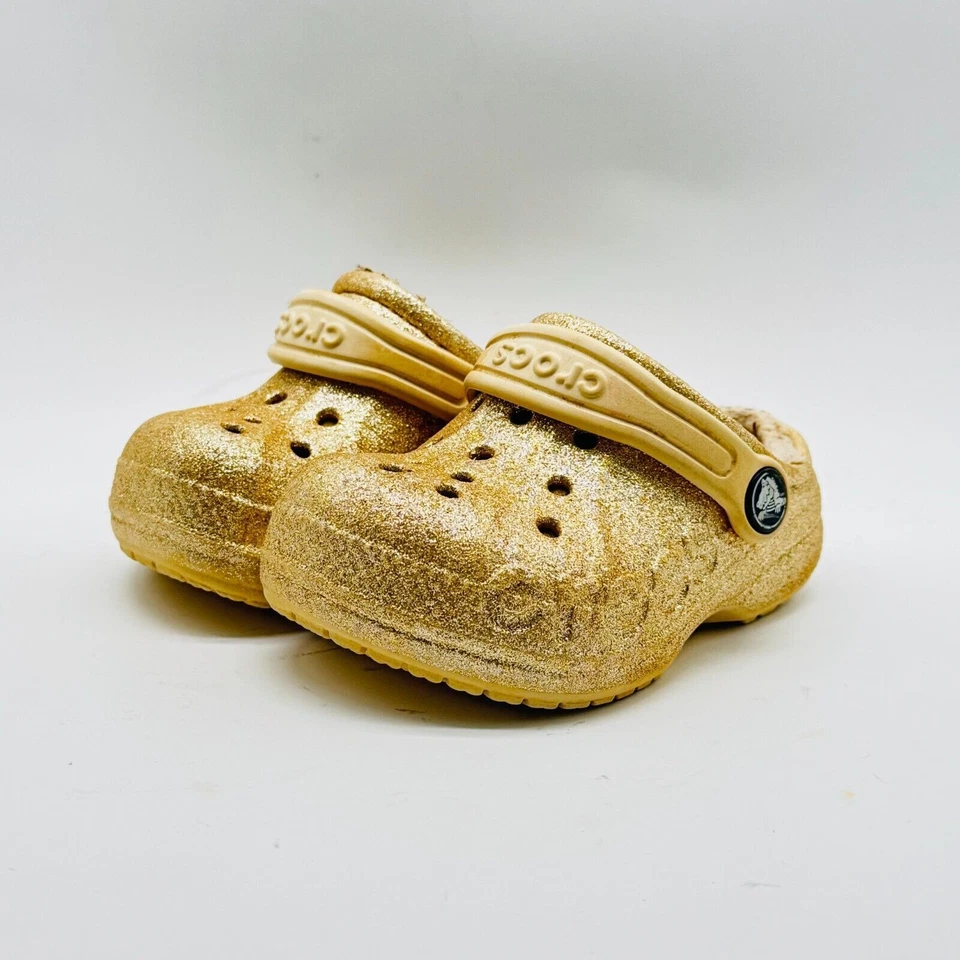 Zuecos Crocs Niñas 6c Dorado Brillo Vellón Forrado Croslite Goma Sin Cordones Mules Foto 4 de 4