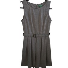 Lauren Ralph Lauren Gray Belted Pleated Fit & Flare Dress Women's 10 Sleeveless