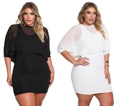 Ladies White Black Chiffon Lagen Layered Plus Size Bodycon Mini Dress 14 16 18