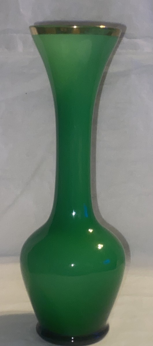 Vintage Green Glass Vase With Gold Trim and Design, Enesco Made in