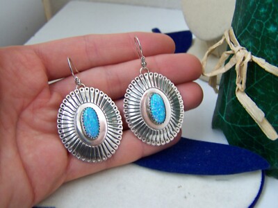 WUNDERSCHÖNE VINTAGE RIESIGE MODERNIST MASSIV STERLINGSILBER BLAUER OPAL OHRHÄNGER