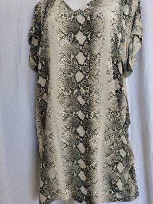 TOUPY French Used Washable Silk DRESS Snake Tribal print cream black sz. M US 8