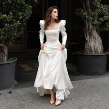 White Satin Princess Wedding Dresses A Line Square Neck Lace Up Bridal Gowns