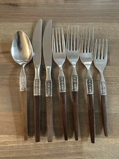 Ekco Eterna Flatware La Joya Danish Stainless Wood Handle Japan MCM 7 Piece Set