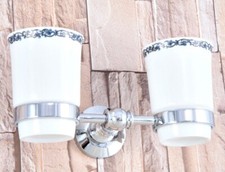 Polished Chrome Toothbrush Holder Double Ceramic Cups Holder Wall Mounted aba796