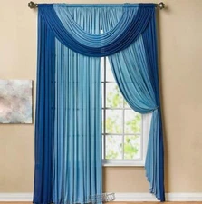 4-Pc Kashi Home Bella Solid Semi-Sheer Window Scarf Blue Treatment Panel Curtain