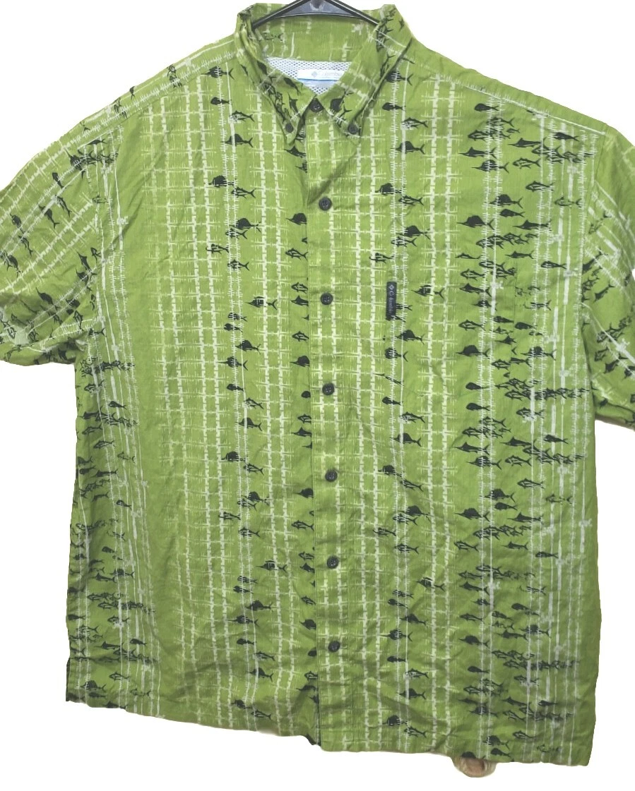 Columbia PFG Mens Fishing Shirt Large Green Vented Short Sleeve Fish Pattern