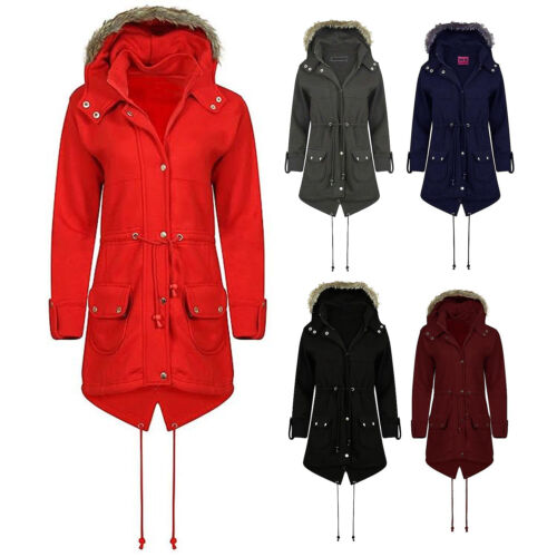 Ladies Fleece Parka Jacket Faux Fur Winter Women Zip Up Coat With Hoodie - Picture 1 of 6