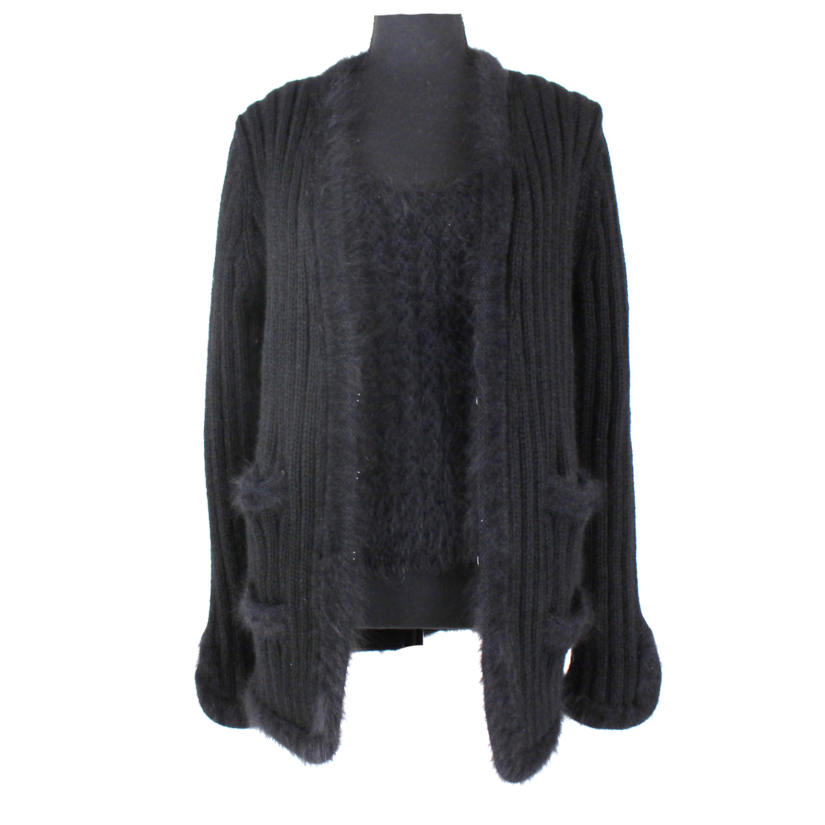 Chanel Angora Tank Cardigan Set CC Black Wool Ribbed Swater Knit Pc Set  Sz 40