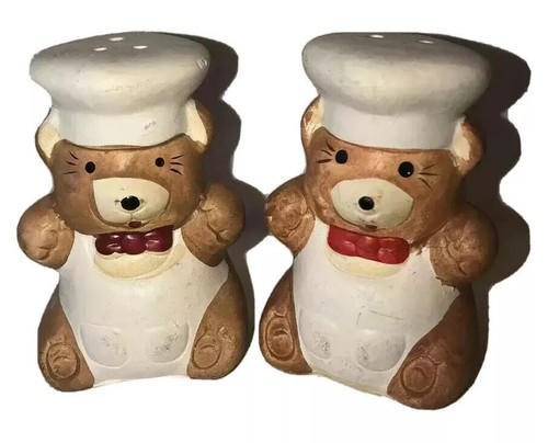 Estate Find Vintage Salt Pepper Shakers Porcelain Teddy Bears In Apron Fun - Picture 3 of 7