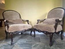 Pair of Carved Arm Lounge Fireside Chairs by Bernhardt – Regency Style