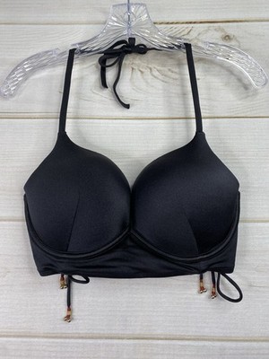 Victoria's Secret Bombshell Halter Swim Top 34D Black Push Up Padded Lace Up