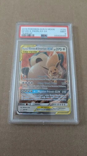 2019 POKEMON SUN & MOON TEAM UP #120 EEVEE & SNORLAX GX PSA 9
