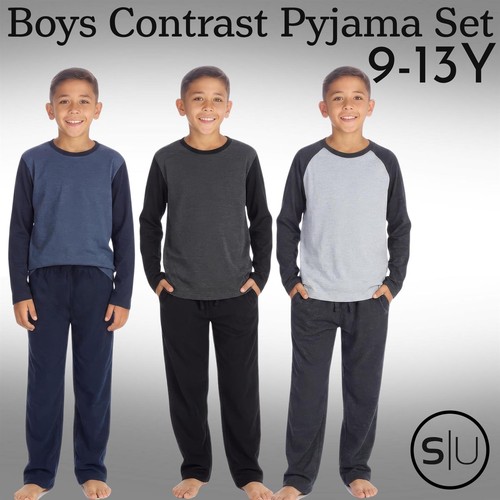 Boys Plain Contrast Pyjama Set Long Sleeve and Pants Comfortable Kids Nightwear