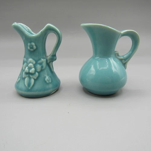 2 Shawnee Mini Pitchers, USA, Mint green/Light blue, 3in.tall, 1/7/8in. wide
