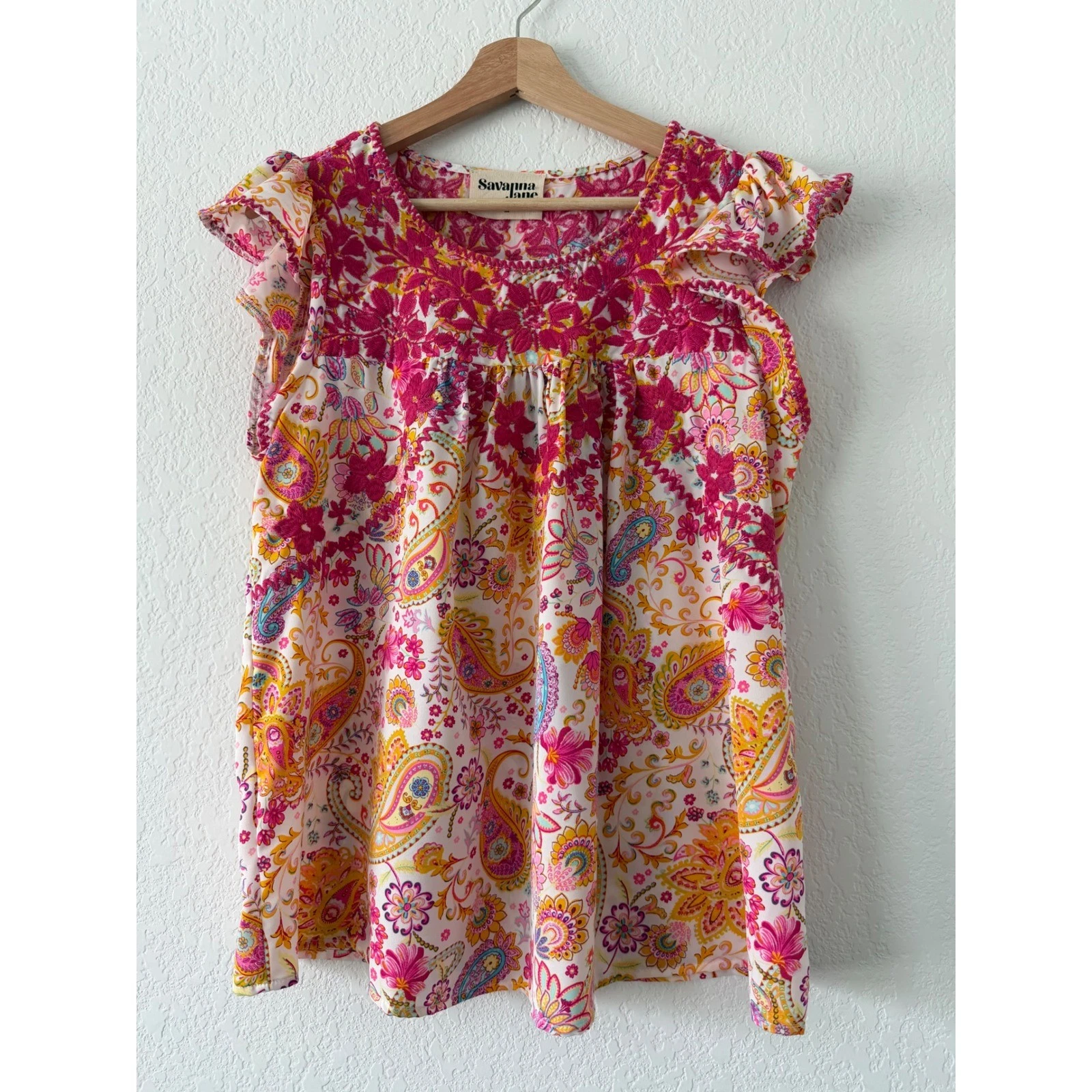 Savanna Jane Pink Embroidered Paisley Flutter Sleeve Boho Top Medium