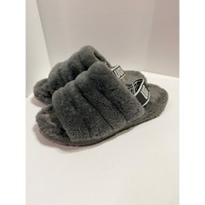 UGG Fluff Yeah Slide Charcoal Gray Sheepskin Platform Slippers Elastic Strap