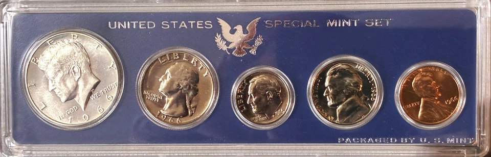 1966 US Special Mint Set SMS 5 Coins with 40% Silver Kennedy Half Dollar and Box - Image 3 of 4