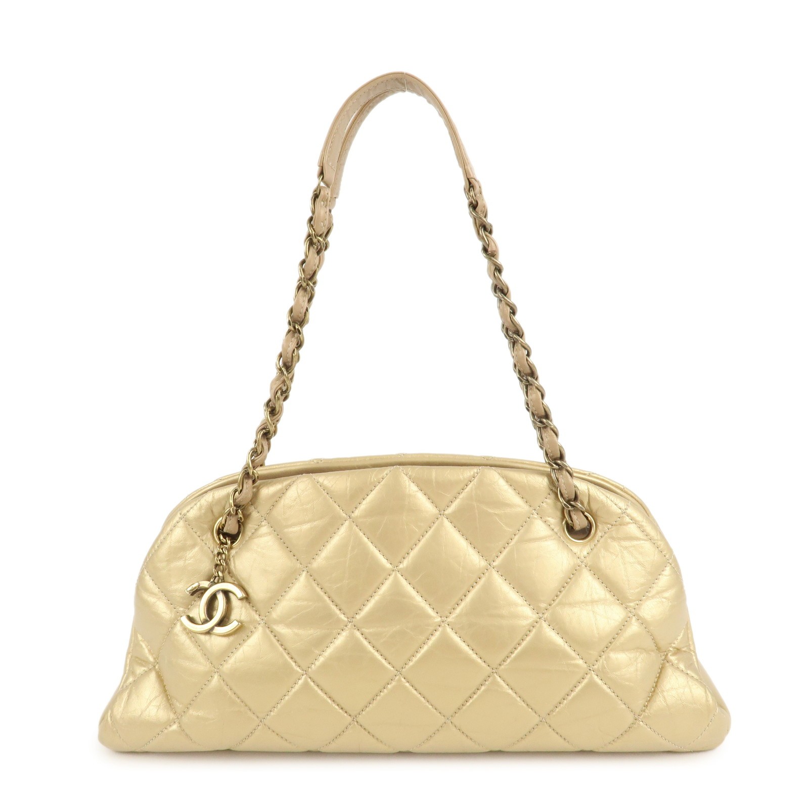 Chanel Vintage Mademoiselle Lambskin Bowling Bag with Gold Chain Shoulder Strap A5