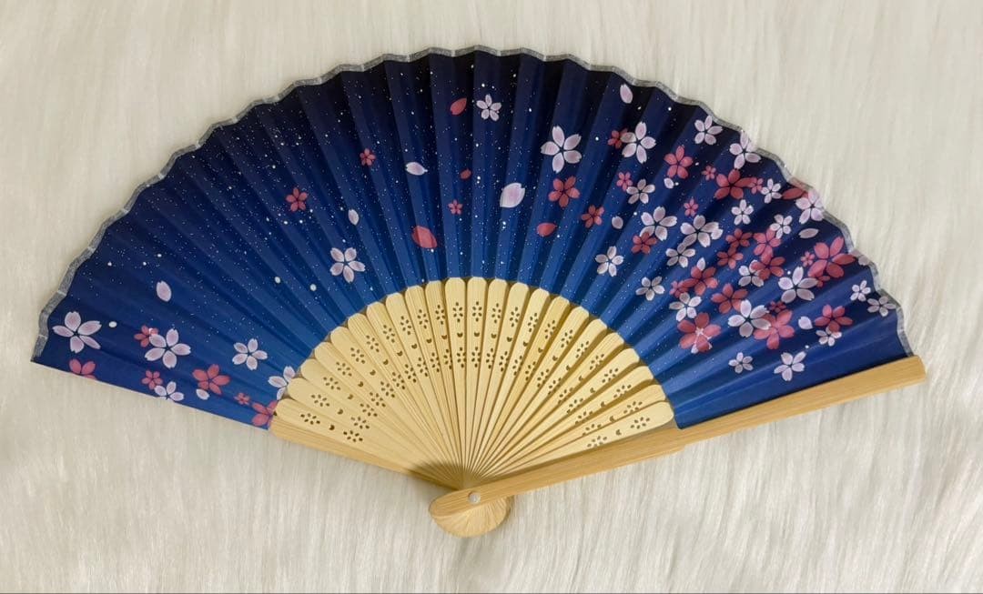 Cherry Blossom Fan Navy Blue Summer Japanese Kimono Yukata Traditional Handheld