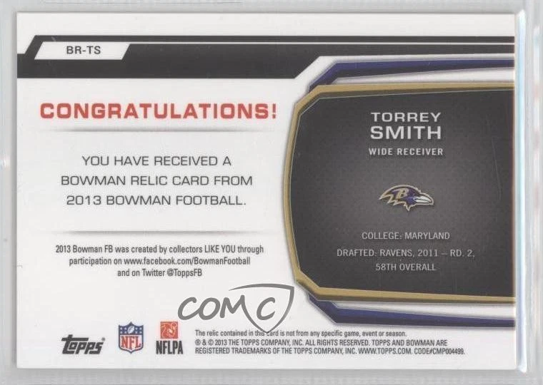 2013 Bowman Relic Gold /50 Torrey Smith #BR-TS - Image 2 of 2