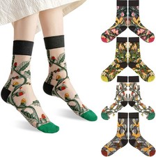 4 Pairs Sheer Socks for Women, Vintage Embroidered Floral Mesh, Summer Elastic L