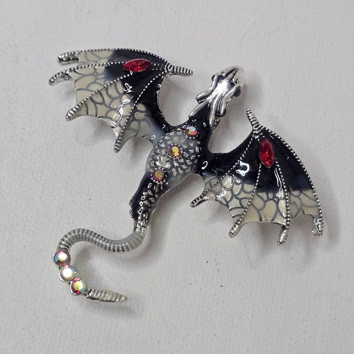 Flying Dragon Figural Brooch Black SilverTone Red AB Rhinestone Unmarked Pendant View 4