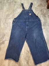 Carhartt Bib Overalls Blue Jean Denim Workwear Mens R08 DNM 52x24 Cut Off Leg