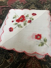 Vintage Embroidered Red Floral Hankie VGC   